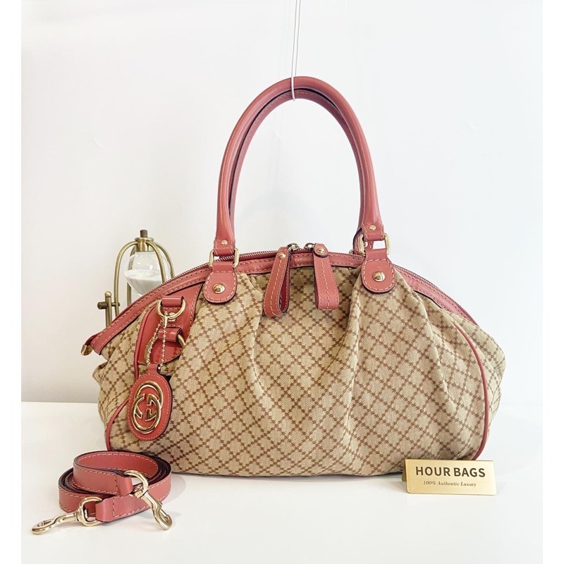 100 Authentic Dark Gucci Pink Beige GG Canvas Sukey Medium