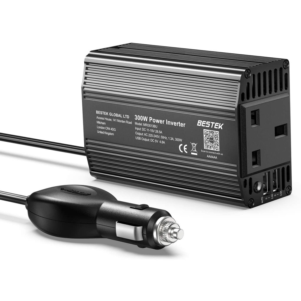 BESTEK 300W Power Inverter DC 12V to AC 230V 240V Transformer Car Charger  Lighter Adapter with 3 Pin Plug and Dual USB