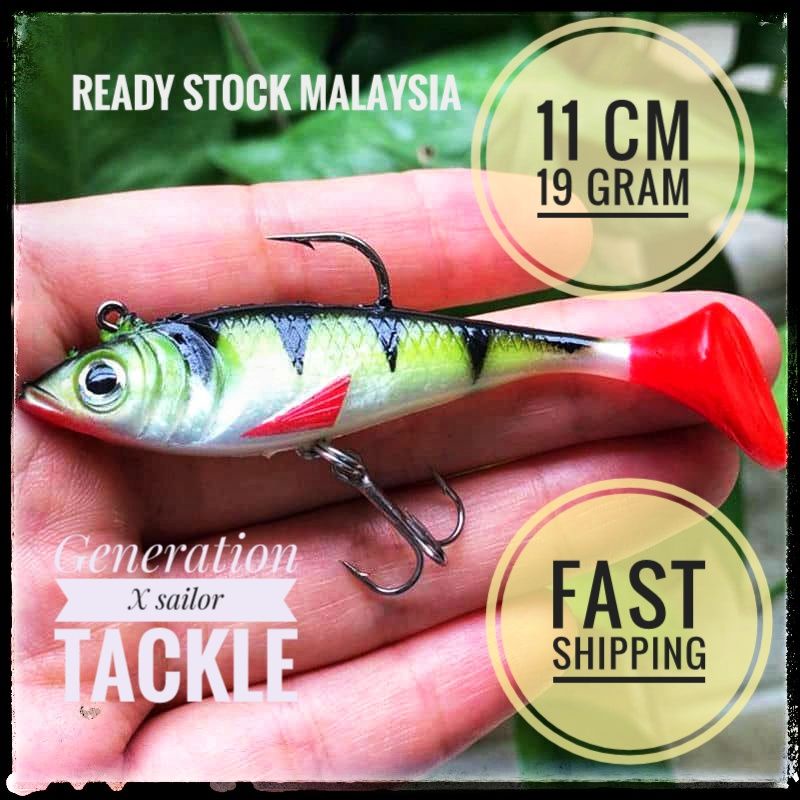 🇲🇾1 pcs/5 pcs 11cm 19g 3D Eyes Lead With T Tail Soft Fishing Lure double  Hook/gewang/sp peacock base/ soft plastic