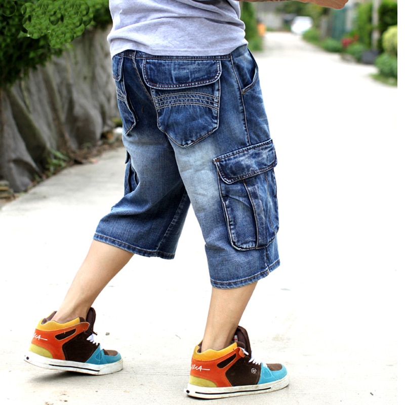 Mens Plus Size Loose Baggy Jeans Streetwear Hip Hop Long 3/4 Cargo Shorts  Pocket