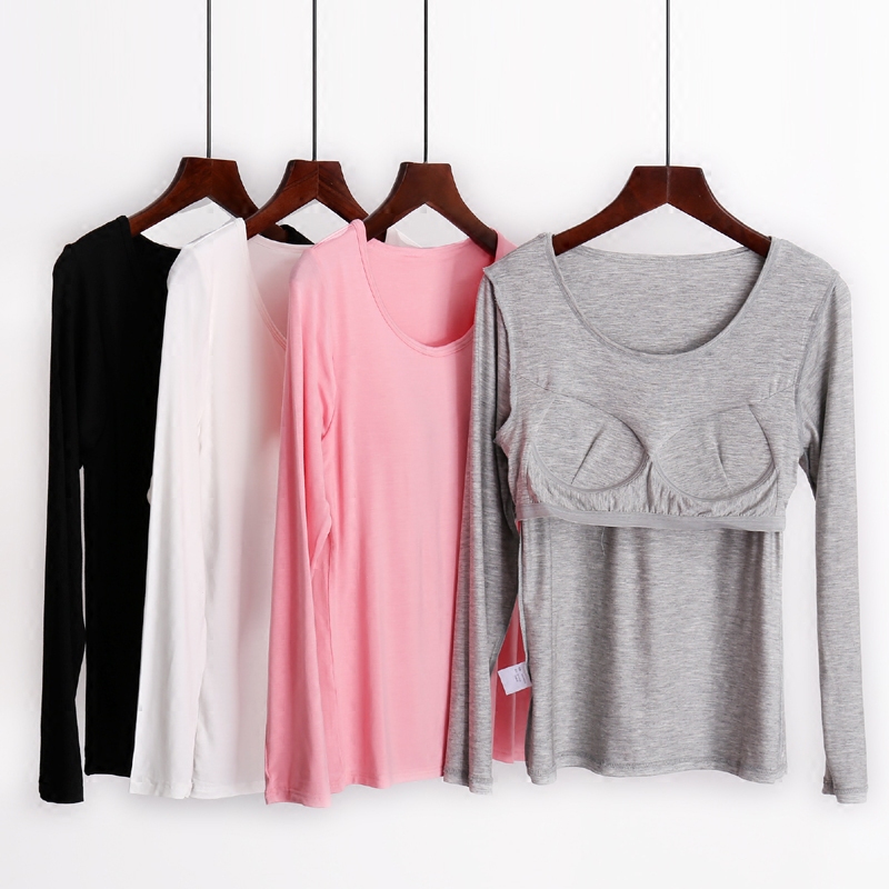 6 Colors Built in Padded Bra T-shirt Women's Long Sleeve