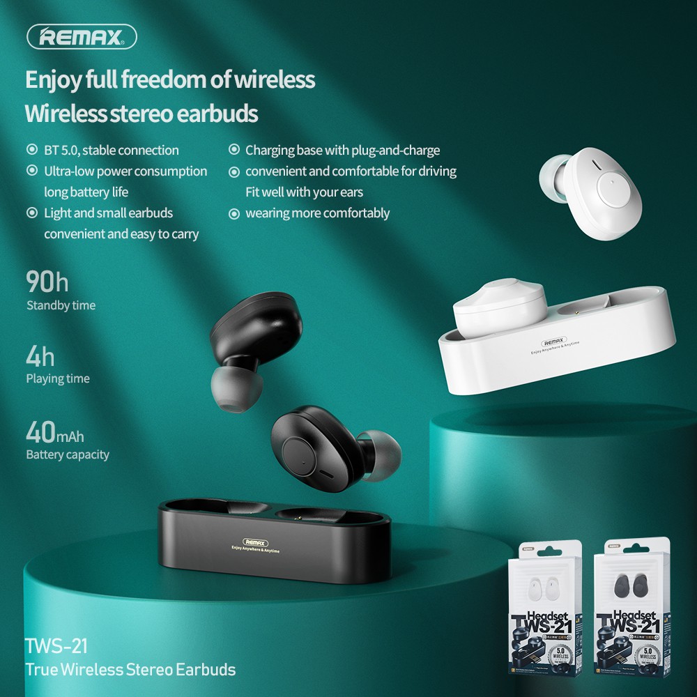 REMAX TWS 21 True Wireless Headphones Stereo Bluetooth Headphones