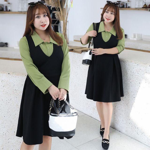 2020 Woman Big Size Chubby Korean Fashion Green Long Sleeve