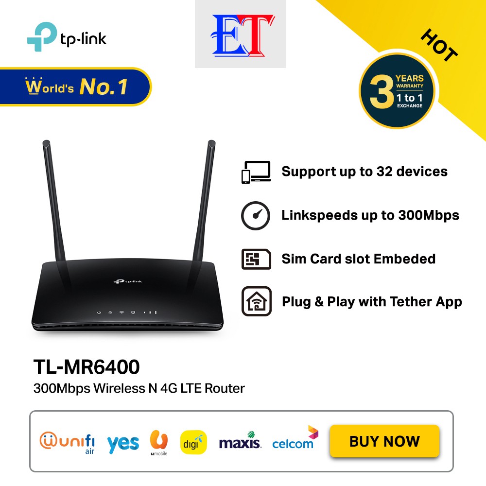 TP-LINK TL-MR6400 (APAC) 300Mbps 4G LTE Wireless Modem Router Direct SIM  Card Support UniFi Air/ Maxis/Celcom/Digi