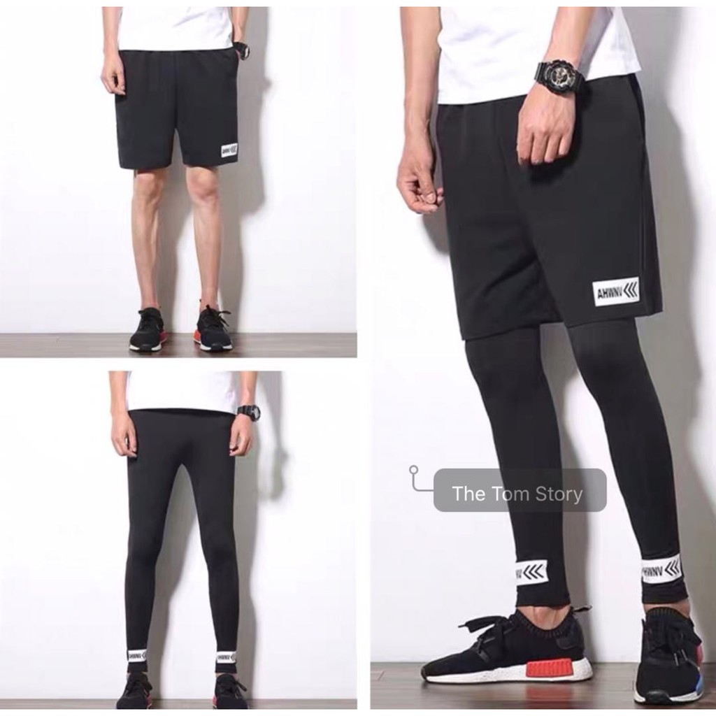 Mens Leggings with Shorts Compression Running Sports Long Pant GYM