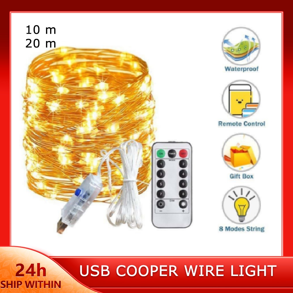 Remote Control LED Fairy Lights, USB, Copper Wire