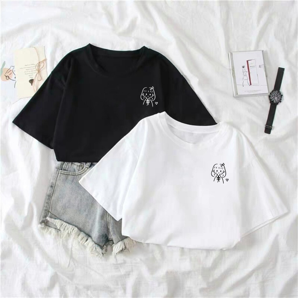 SIMPLE CUTE GIRL [READY STOCK] LATEST KOREAN INS WOMEN TOPS 100% COTTON  SHORT SLEEVE ROUND NECK CASUAL T-SHIRT