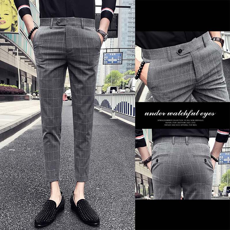 Men Plaid Pants Casual Business Formal Slim Fit Work Trousers