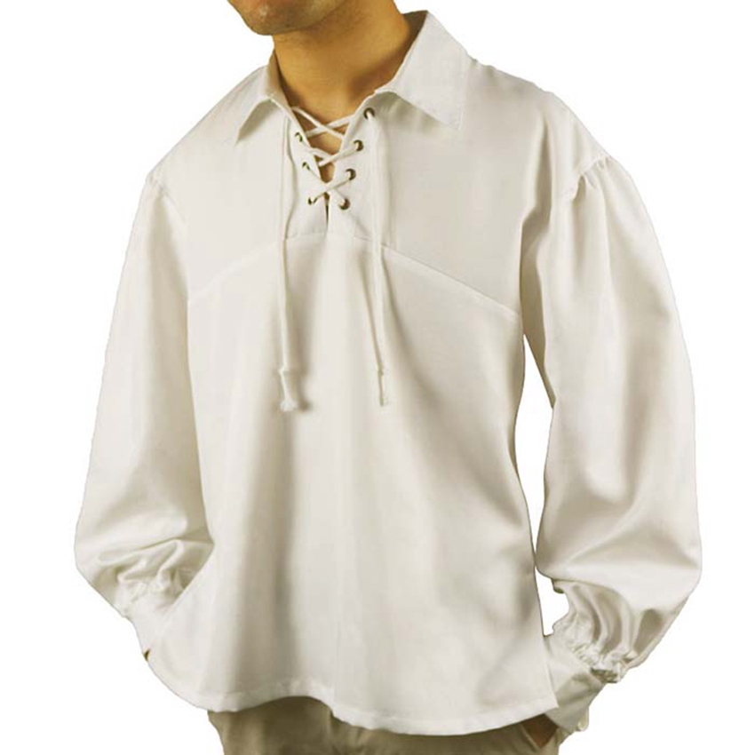 Medieval Shirt Lace-up Men Cotton Shirts Pirate Landlord Knight Tunic Solid  Color Casual Shirt