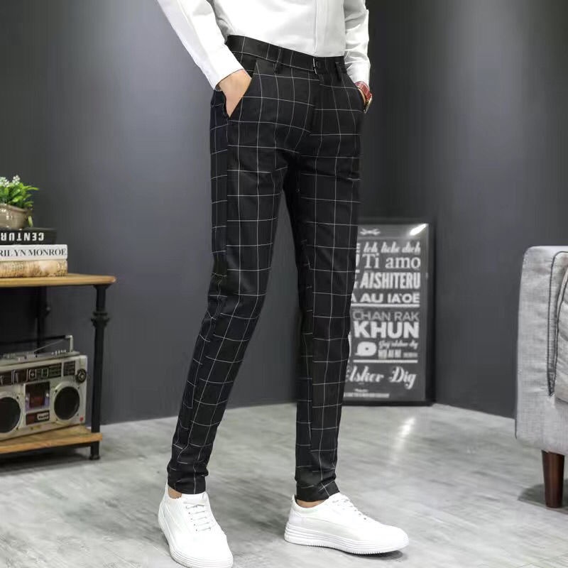 Seluar Kotak Kotak Men's Chino Pants Skinny Fit Plaid Flat-Front Stretch  Slim Stylish Casual Business Dress Pants Seluar Panjang Lelaki