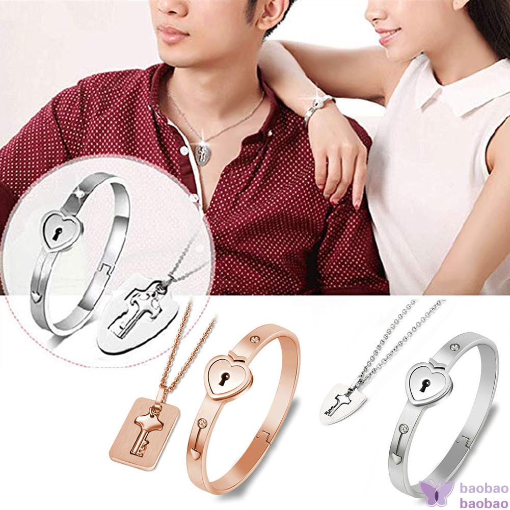 Couple Stainless Steel Love Heart Lock Bracelet with Key Pendant Necklace  Set