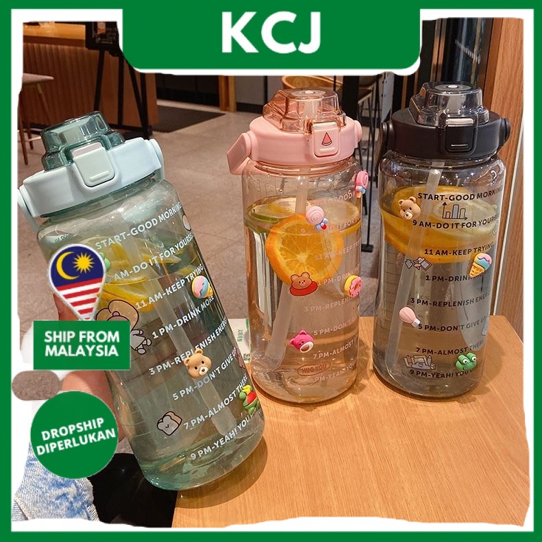 Ready Stock] KCJ 2000ml Reminder Fitness water bottle with straw scale Big  bottle 2Liter Gym bottle