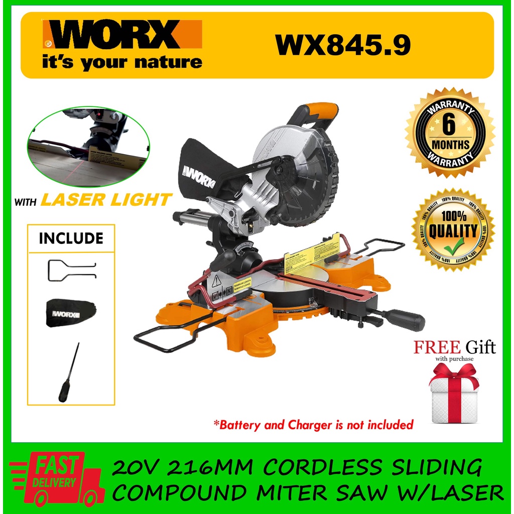 WORX WX845.9 20V 216MM CORDLESS SLIDING COMPOUND MITER SAW WITH