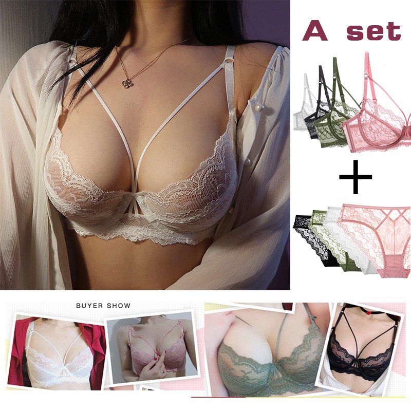 In stock】 Women Lace Unlined Underwear Plus Size Transparent Bra Set With  Wired Embroidery Sexy Bras And Panties Sets L