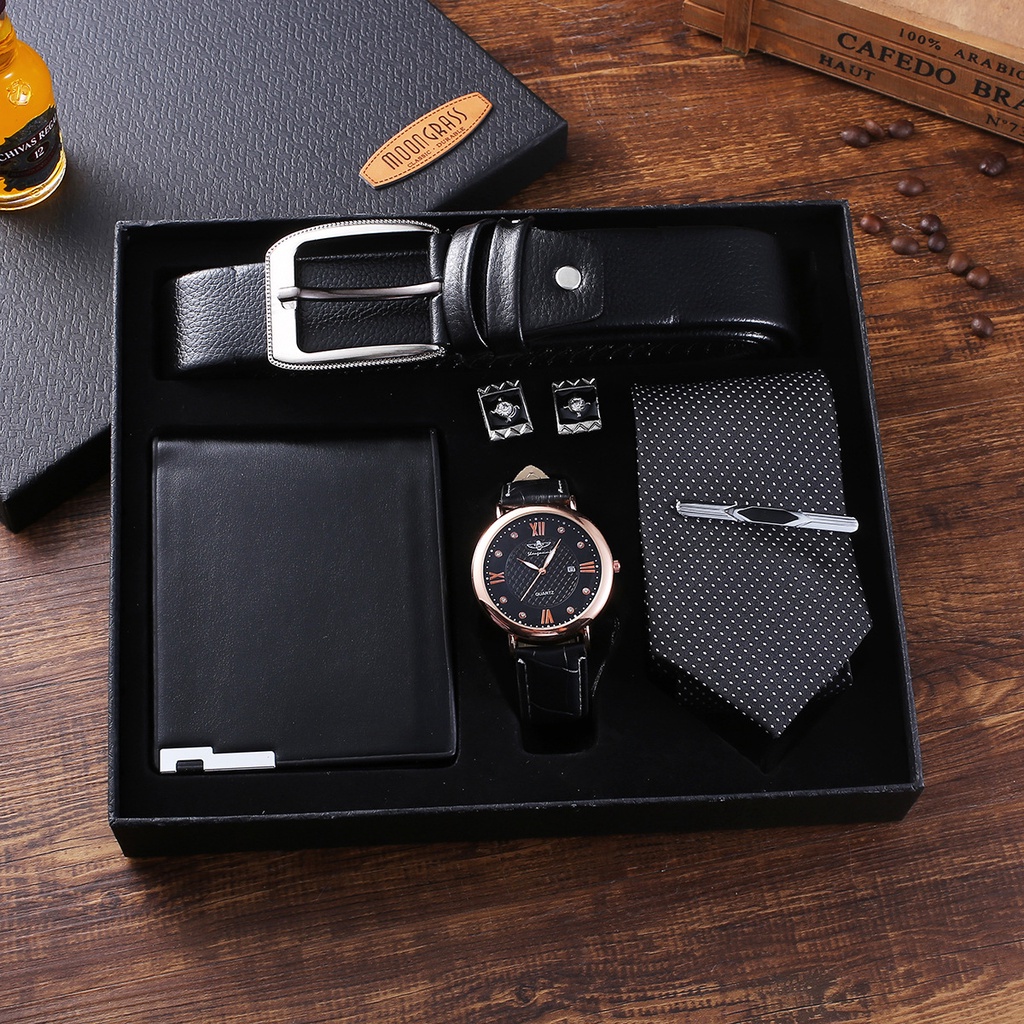 Ready Stock New 5pcs/set Men's Gift set jam tangan lelaki Cowhide Leather  Bifold Wallet purses belts sunglasses watch Tie Gift Set Father's day gift  Birthday Suprise gifts Valentine's Day Gift Set Brown