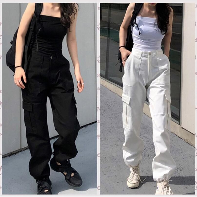 Cargo Pants Englend Style Loose Elastic Buttom Trouser Female Long