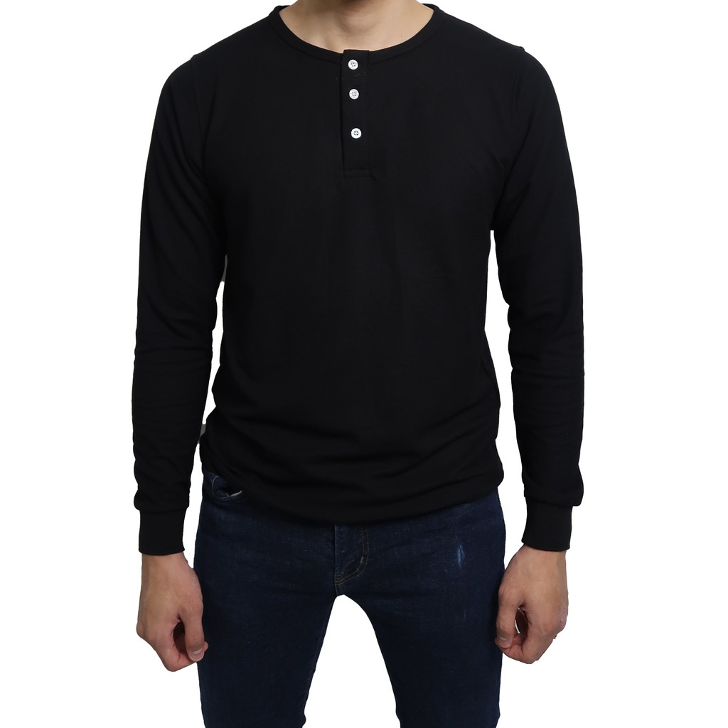 Men's Long Sleeve Jersey Henley Top in Black