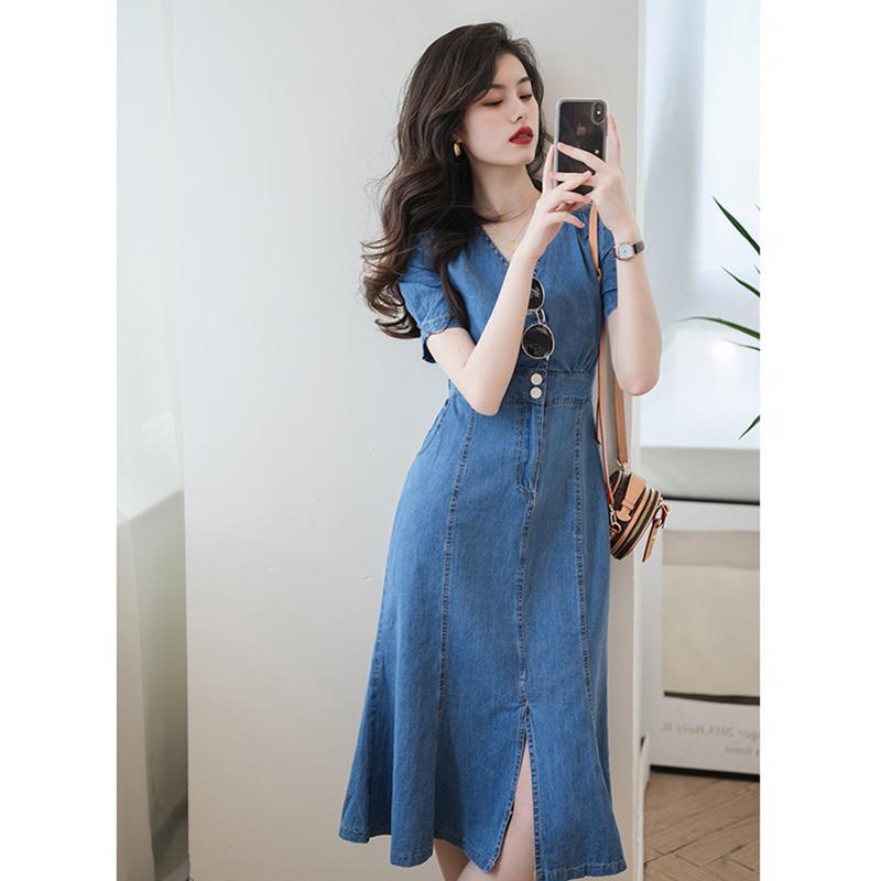 V neck cheap denim dress