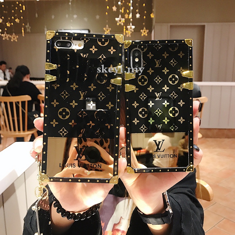 Black Gold LV Upgrade Mirror Wrist Chain Phone Case for SAMSUNG