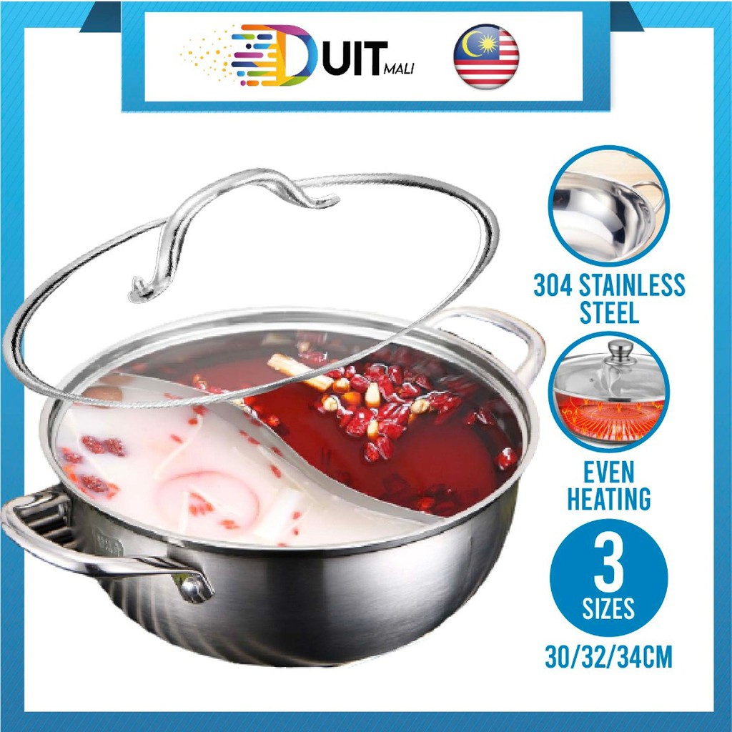 Stainless Steel Hot Pot Shabu Hot Pot S-type Stockpot With Divider + Glass  Lid