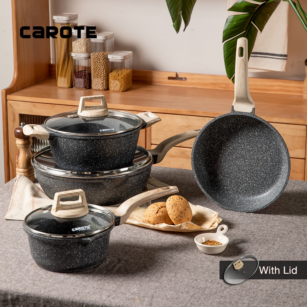 Carote Non Stick Cookware Set Kuali Batu Granite,Healthy Kitchen Set  Suitable all Stove,7Pcs Die-Cast Durable Periuk Set