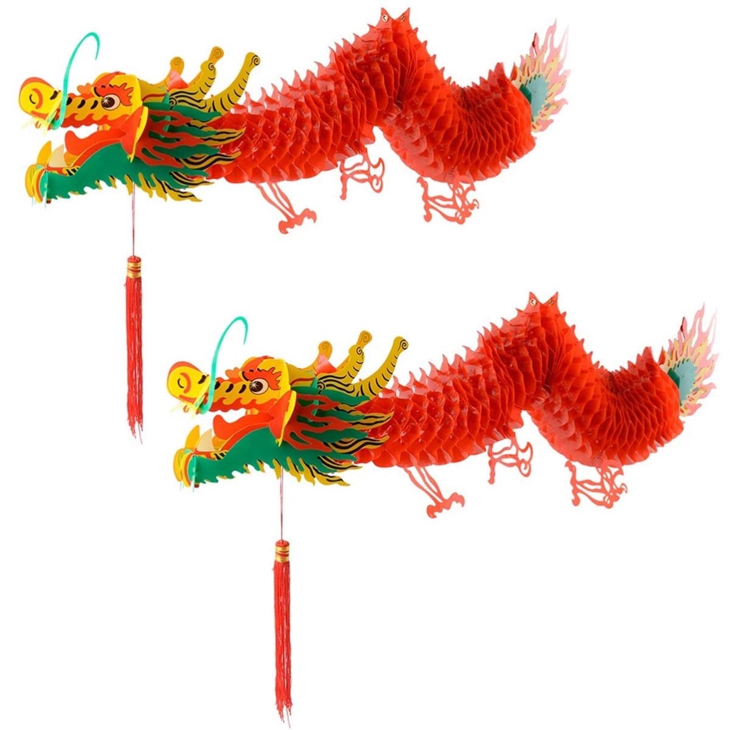 2Pcs Chinese New Year Red Dragon Garland Hanging Decoration Waterproof  Plastic 3D Lantern Party Ornaments, 0.5M