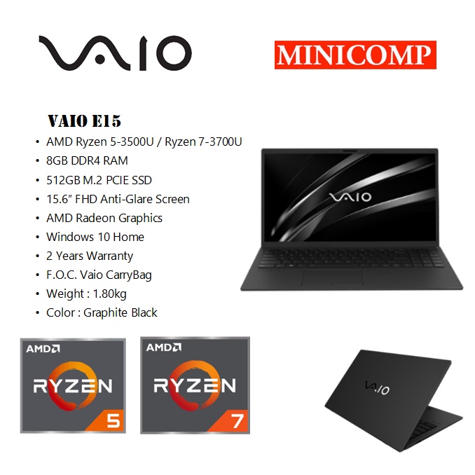 VAIO E15 15 AMD RYZEN 5 3500U COMMERCIAL NOTEBOOK FREE WIRELESS