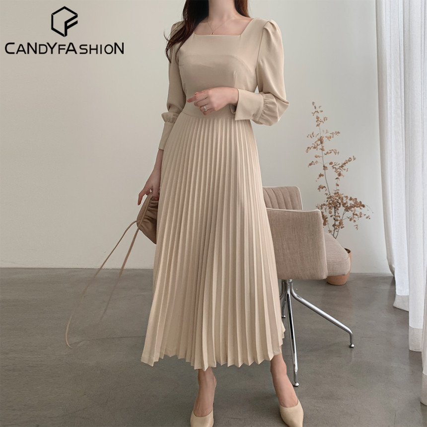 Korean Version New Lady Waist Pleated Long Dress