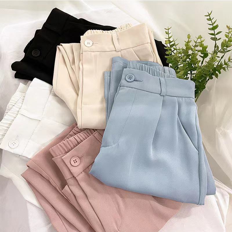 Cheap Women Pants Straight Wide Leg Loose Solid Color High Waist Half  Elastic Waist Formal OL Commute Style Lady Long Trousers