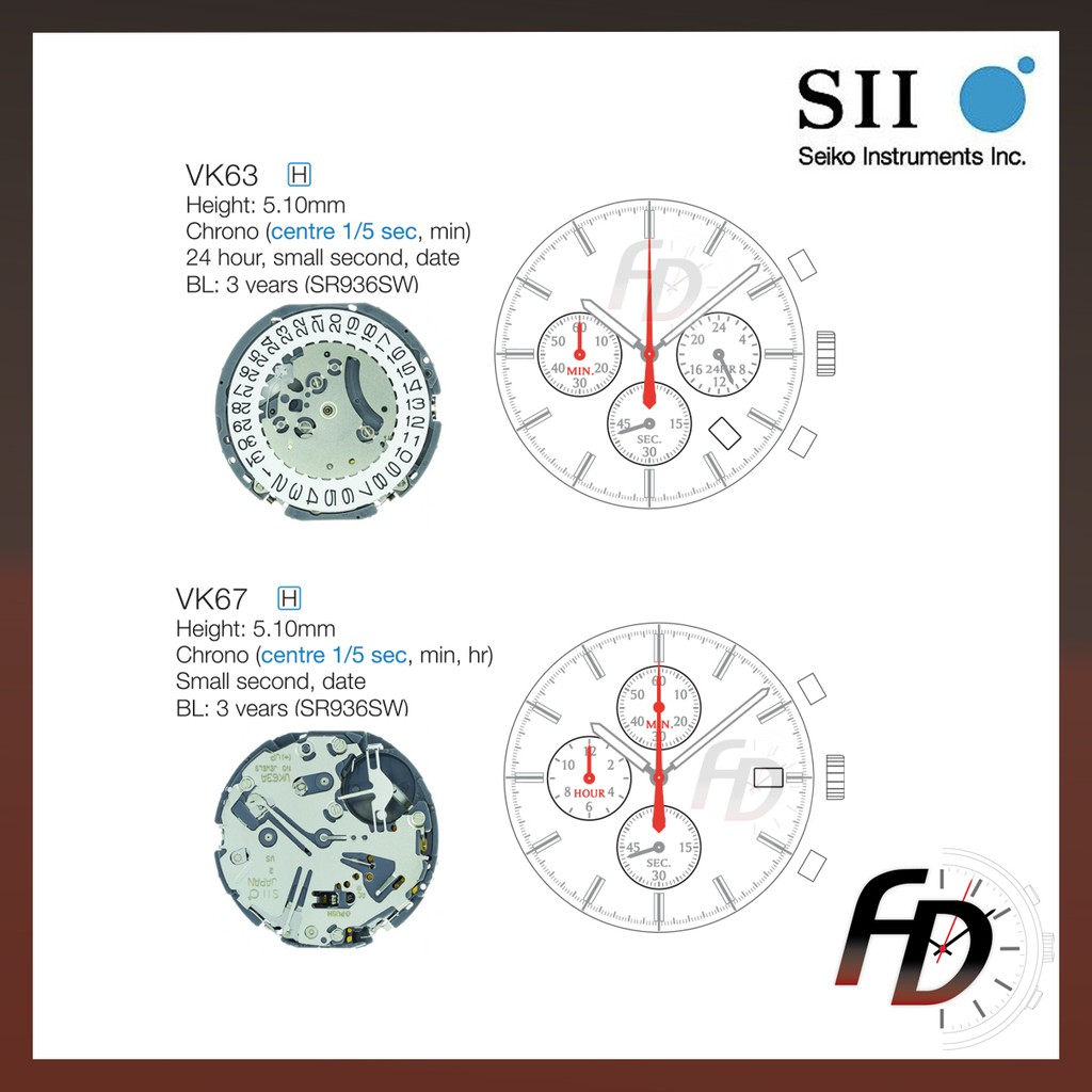 Seiko VK63 VK67 SII Chronograph Watch Machine Movement Made in Japan Replacement Parts Engine Jam