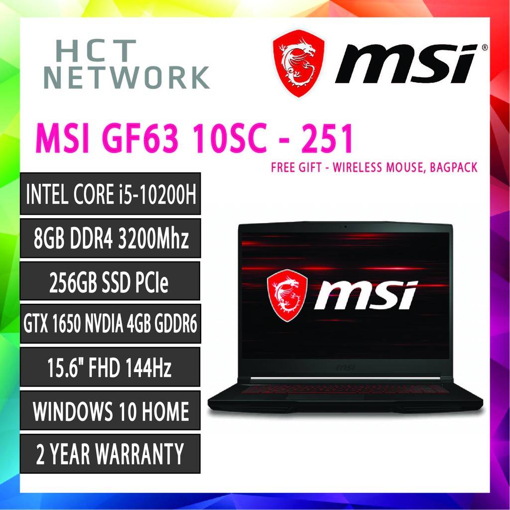 MSI GF63 Thin Gaming Laptop, 15.6 FHD Display, Intel Core i5-10300H,  NVIDIA GeForce GTX 1650 MaxQ, 8GB DDR4, 256GB NVMe SSD, Black, Windows 10 