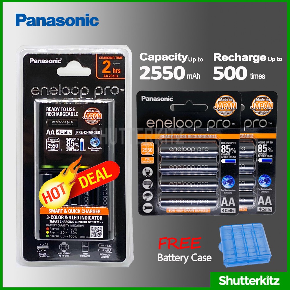 Panasonic Eneloop Pro Smart 2 HR Quick Charger 4 x AA Eneloop Pro 2550mAh  MADE IN JAPAN FREE BATTERY CASE