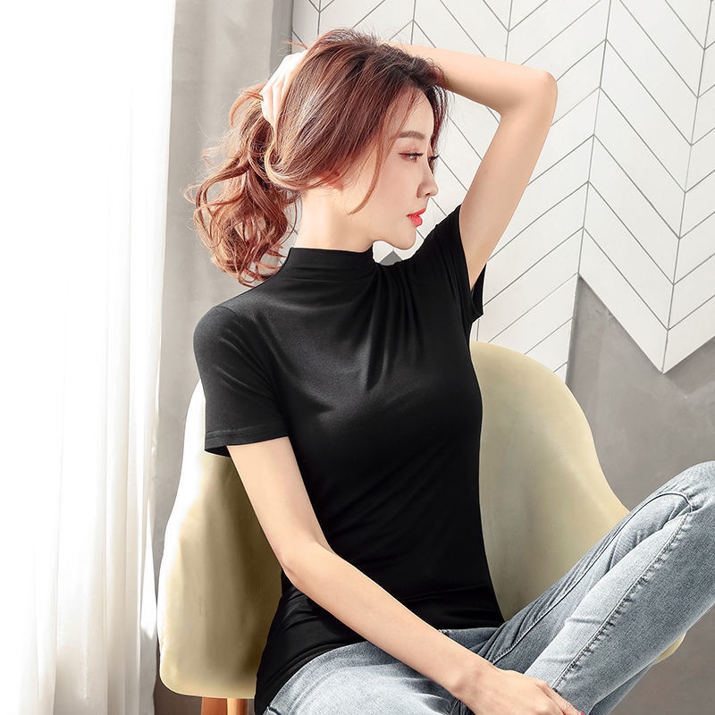 Turtleneck t shirt women's short outlet sleeve