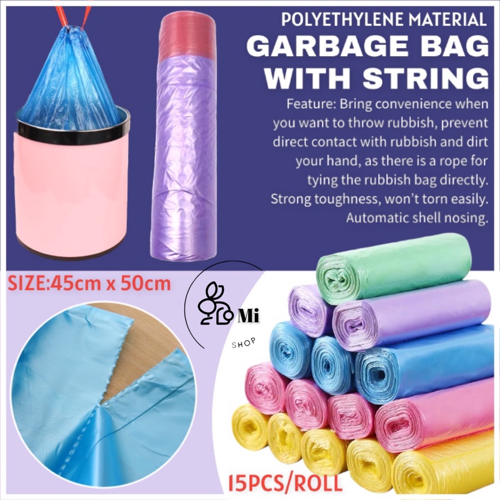 15pcs/roll Drawstring Trash Bags With Automatic Closing, Easy To Close By  Tearing Off