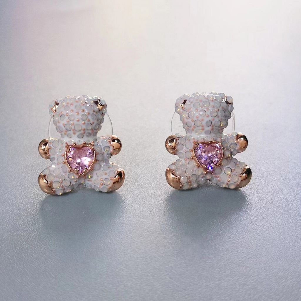 Cute Bear Love Swarovski Stud Earrings for Girls Swarovski Pink