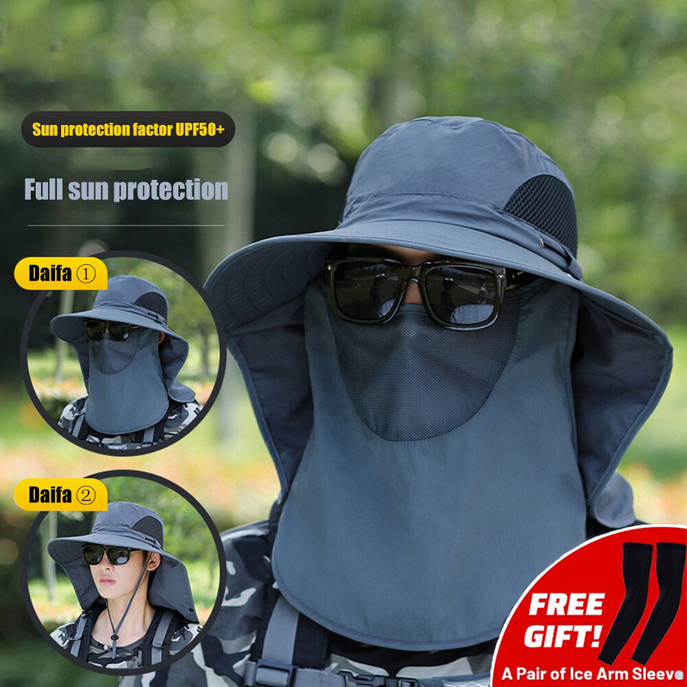 Free ice sleeves】Men Fishing Hat Outdoor Fisherman Hat Neck Flap Waterproof  Full Face Cover Sun Protection UV-proof Sun Hats Topi Penutup Anti Mosquito