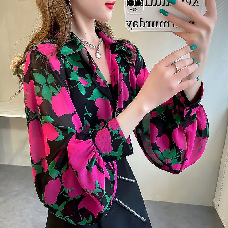 Temperament Fashion Retro Chiffon Floral Blouses Print Loose Lapel Puff  Sleeve Top