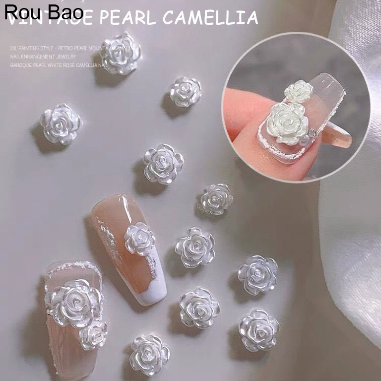 Pearls for Nails Camellia Rose Flower Nail Charms Black/white