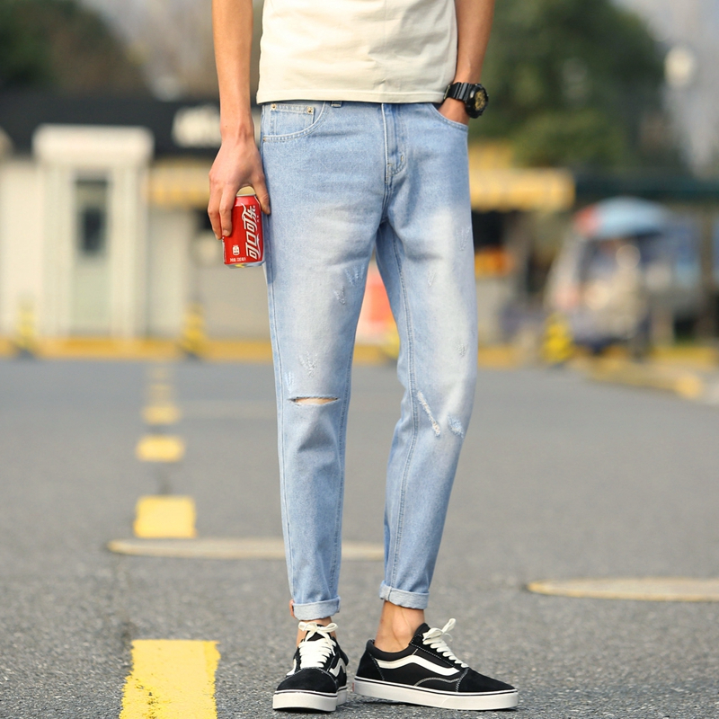 Korean Streetwear Mens Straight Loose Cropped Jeans Blue Denim