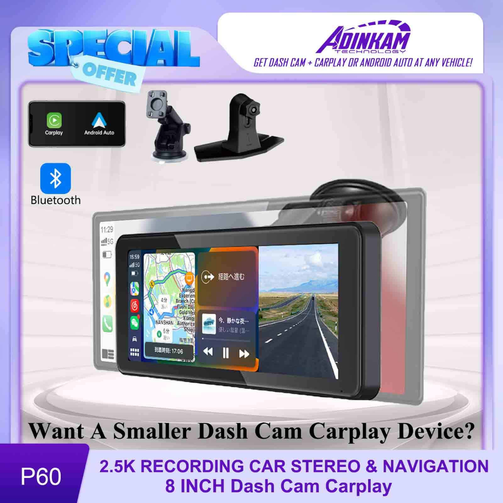 2.5K Dashcam 6.86Portable Wireless Car Stereo Radio Apple Carplay Android  Auto