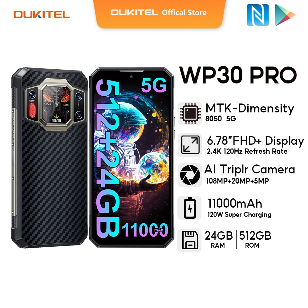 OUKITEL WP30 Pro 5G 24GB+512GB 120W Super Charge 11000 mAh Dimensity 8050  6.78 FHD+ 2.4K 120HZ 108MP Camera IP68/IP6PK Rugged Back Display NFC  Smartphone