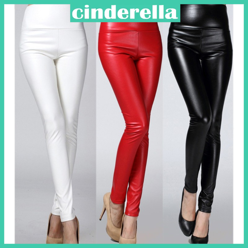 Women Shiny Silver Gold Leggings High-Waisted Faux Leather Stretch