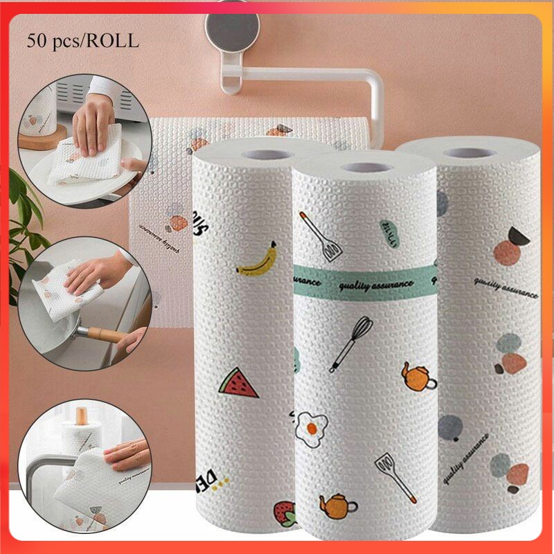 50Pcs Roll Non-Woven Fabric Washing Cleaning Cloth Towels Kitchen Towel  Disposable Striped Practical Rags Wiping Souring Pad