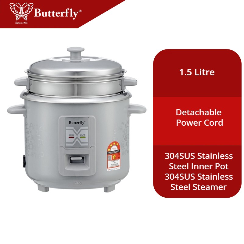 Butterfly Stainless Steel Straight Rice Cooker with Steamer 1.5L