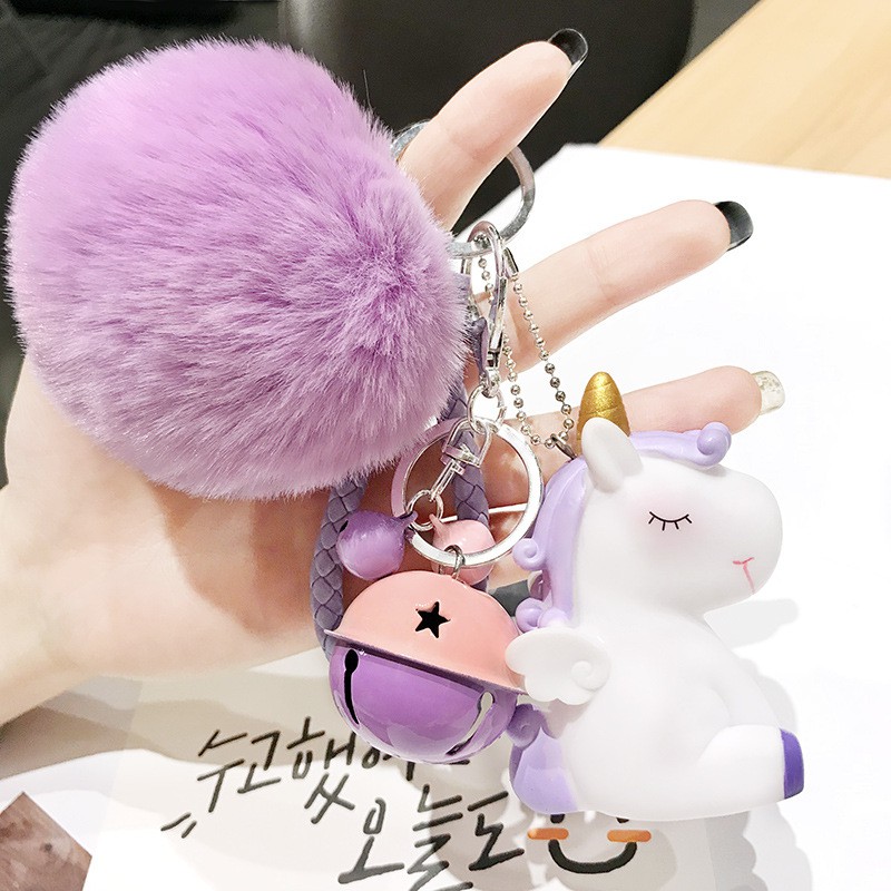 VALICLUD Cute Fluffy Unicorn Keychain Pom Pom Fur Ball Key Ring Soft Fluffy  Car Bag Hanging Pendant Plush Purse Handbag Charm