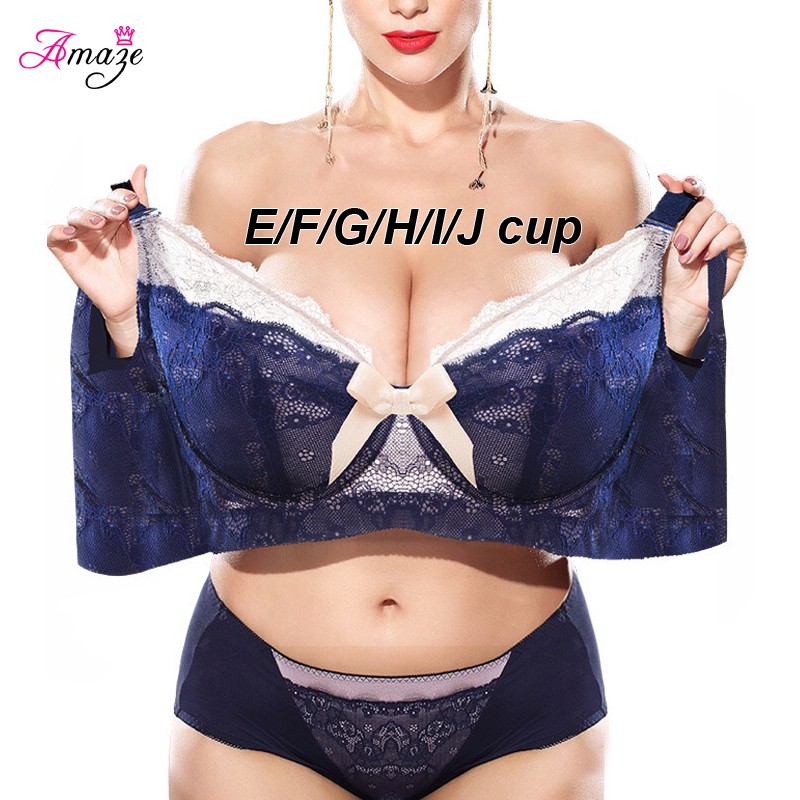 Amaze Big Plus Size E F G H I J Cup Sexy Lace No Padding Prevent Sagging  Wired Support Push Up Women Underwear Bra