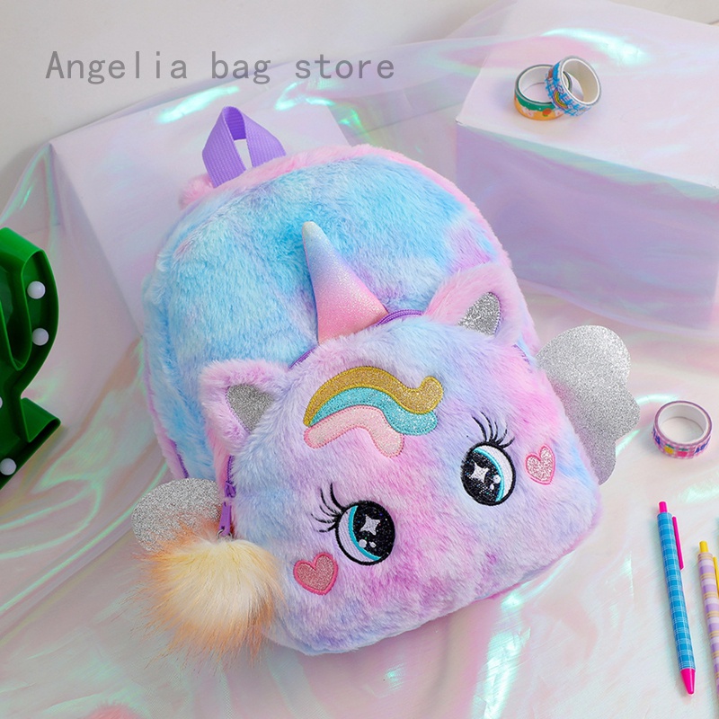 Rainbow Fluffy Unicorn Backpack Plush Back To School Rucksack