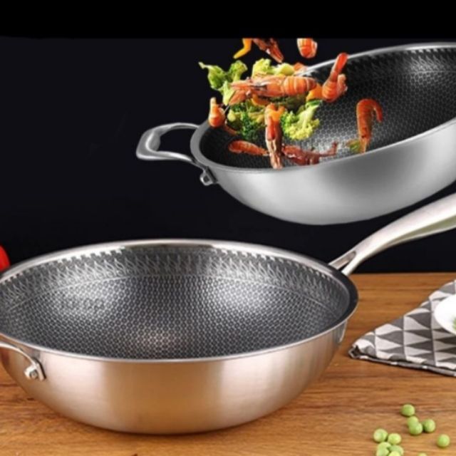 34CM Stainless Steel Non Stick Double Sided Honeycomb Cooking Frying Pan  Wok