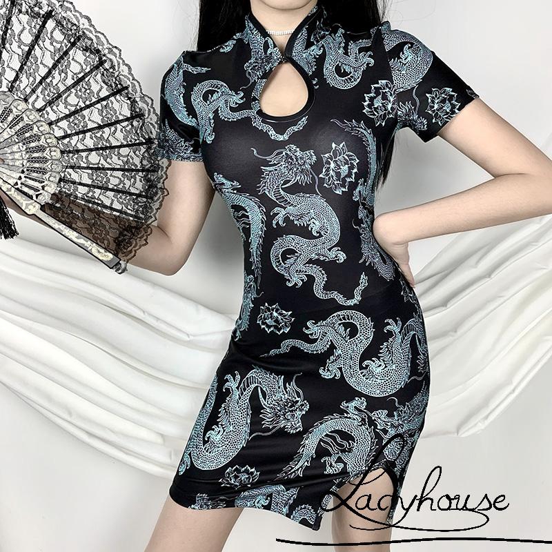 Women Chinese Cheongsam Style Sexy Strapless Buckle Split Floral Print  Patchwork Sling Midi Dress - AliExpress