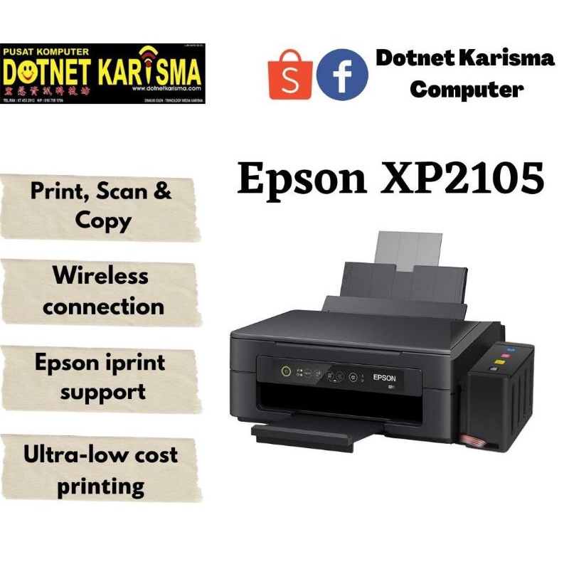 EPSON HOME PRINTER XP-2105 CHEAP EPSON WIFI PRINTER WITH REFILLABLE TANK -  READY STOCK